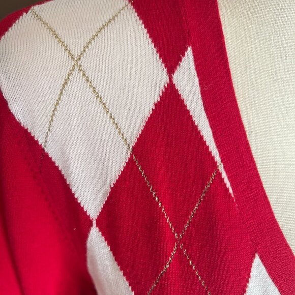 Tommy Hilfiger Red/White Argyle Sweater with gold metallic thread, Size Medium - Picture 3 of 7